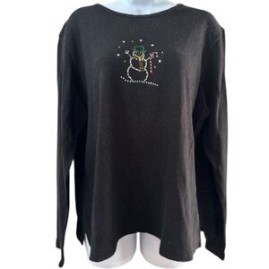 CLASSIC ELEMENTS Christmas Sweater XL Black Snowman Holiday Sequins 100% Cotton